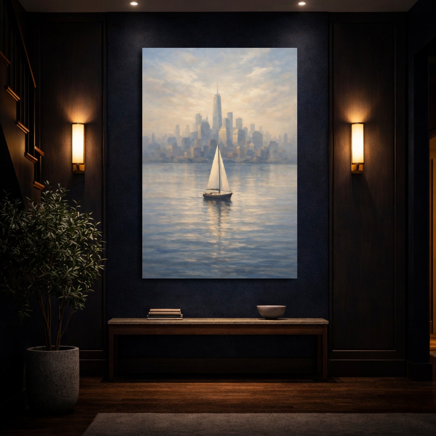 Mockup 3. Vintage Sailboat Blue Gold Cityscape shown as stretched canvas wall art