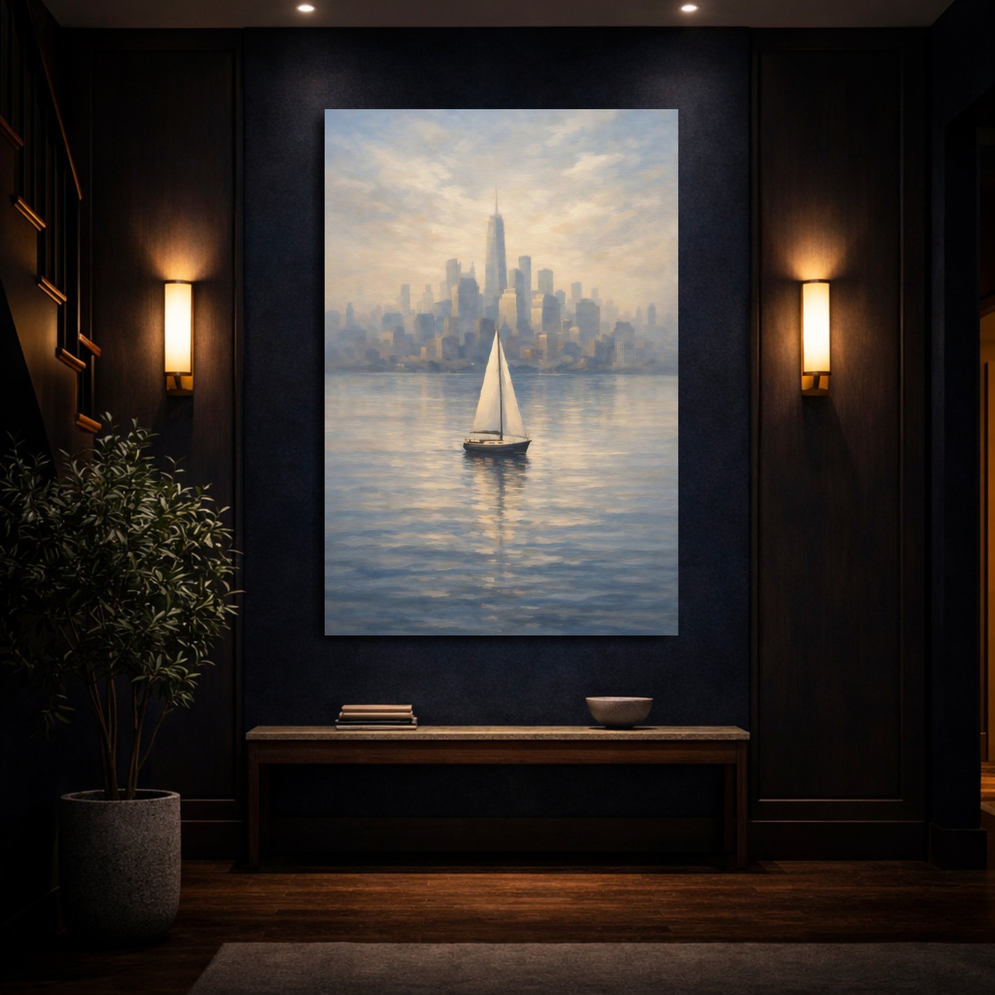 Mockup 3. Vintage Sailboat Blue Gold Cityscape shown as stretched canvas wall art