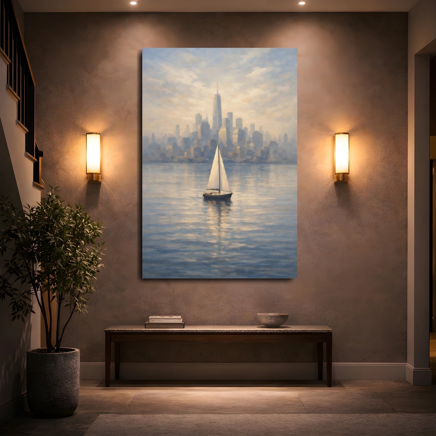 Mockup 4. Vintage Sailboat Blue Gold Cityscape shown as stretched canvas wall art