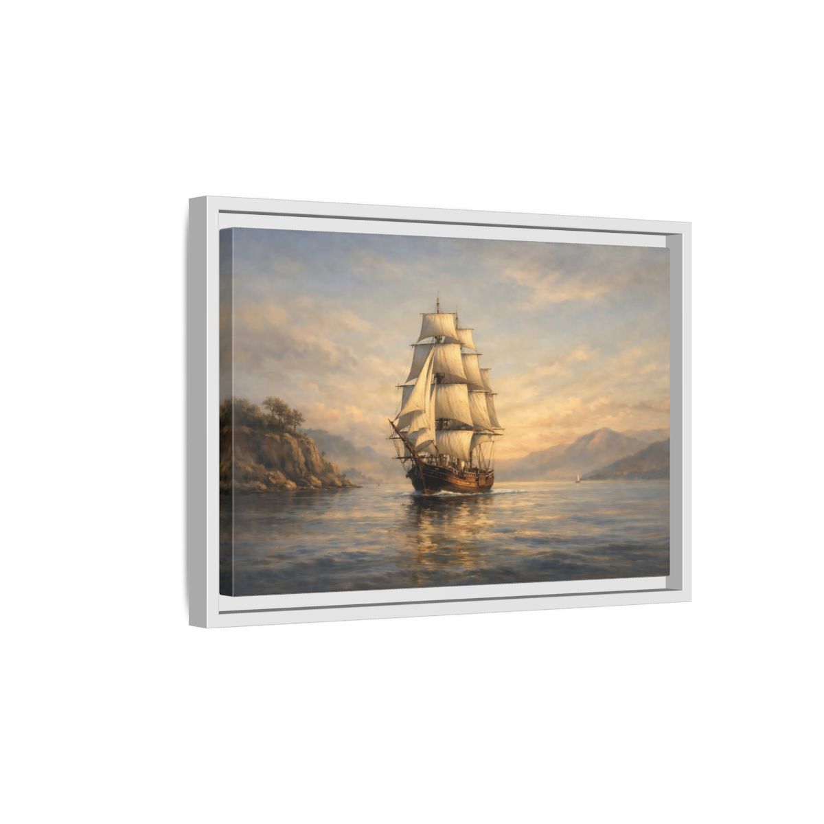 Side Mockup 4. Vintage Sailing Ship Blue And Gold Seascape shown as stretched canvas wall art