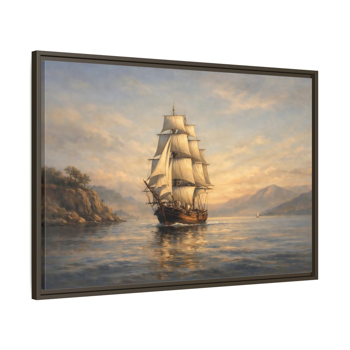 Side Mockup 9. Vintage Sailing Ship Blue And Gold Seascape shown as stretched canvas wall art