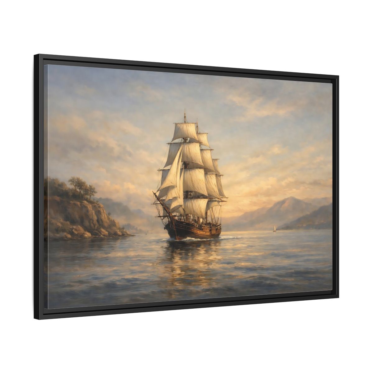 Side Mockup 13. Vintage Sailing Ship Blue And Gold Seascape shown as stretched canvas wall art