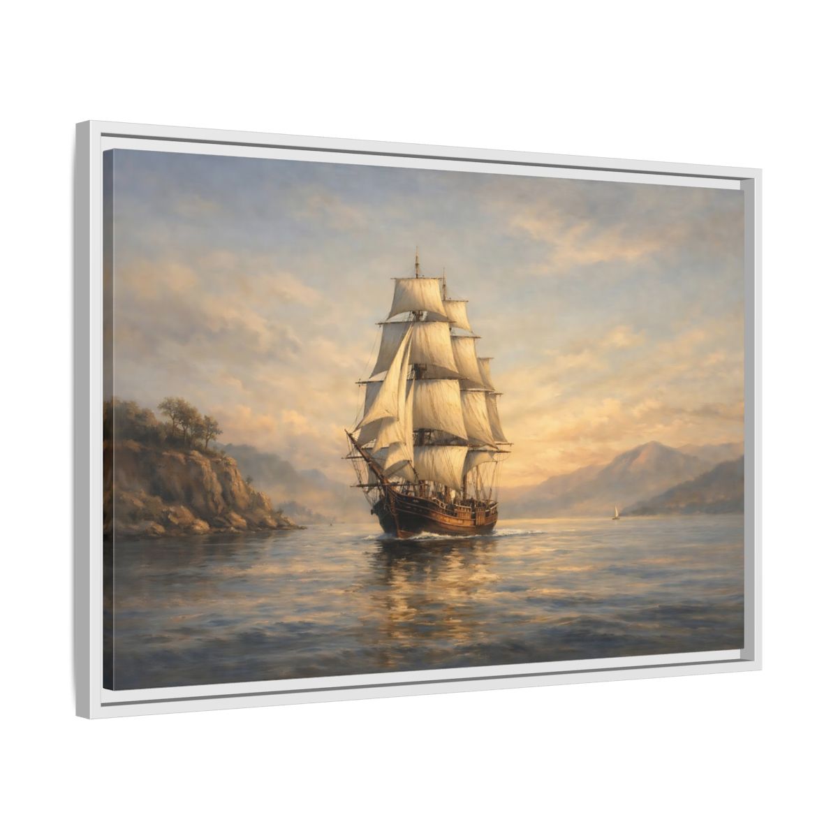 Side Mockup 10. Vintage Sailing Ship Blue And Gold Seascape shown as stretched canvas wall art