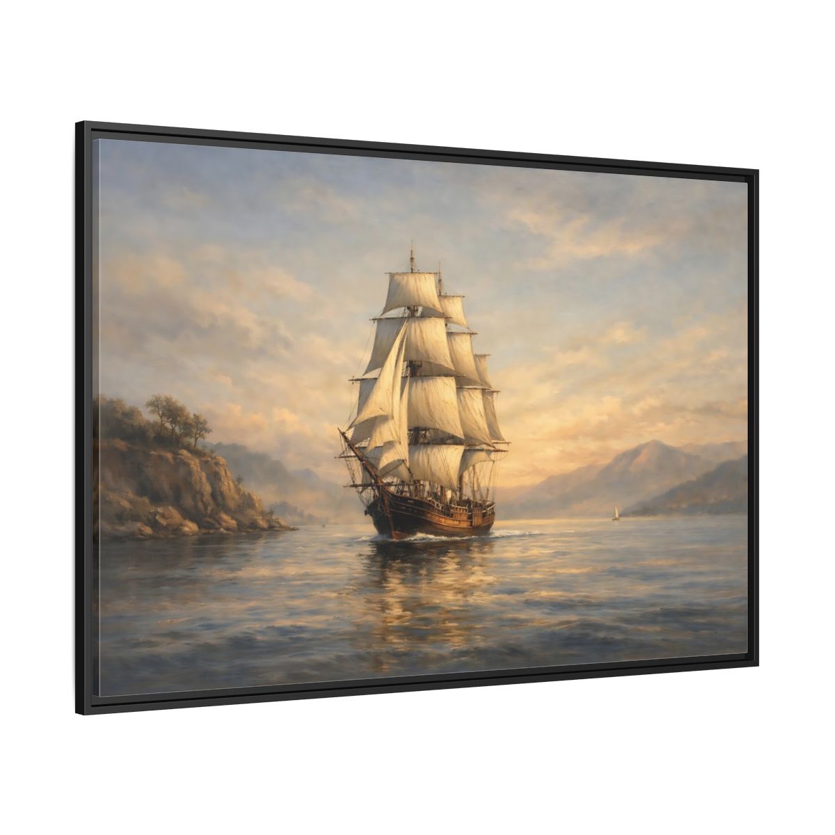 Side Mockup 12. Vintage Sailing Ship Blue And Gold Seascape shown as stretched canvas wall art