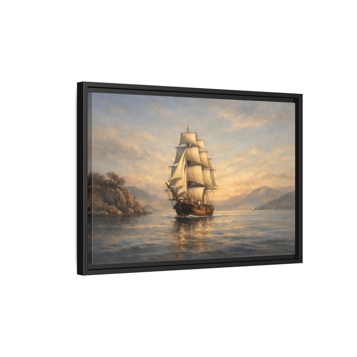 Side Mockup 3. Vintage Sailing Ship Blue And Gold Seascape shown as stretched canvas wall art