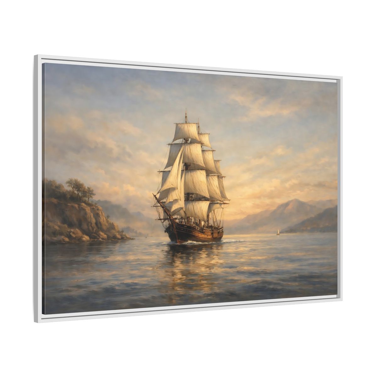 Side Mockup 7. Vintage Sailing Ship Blue And Gold Seascape shown as stretched canvas wall art