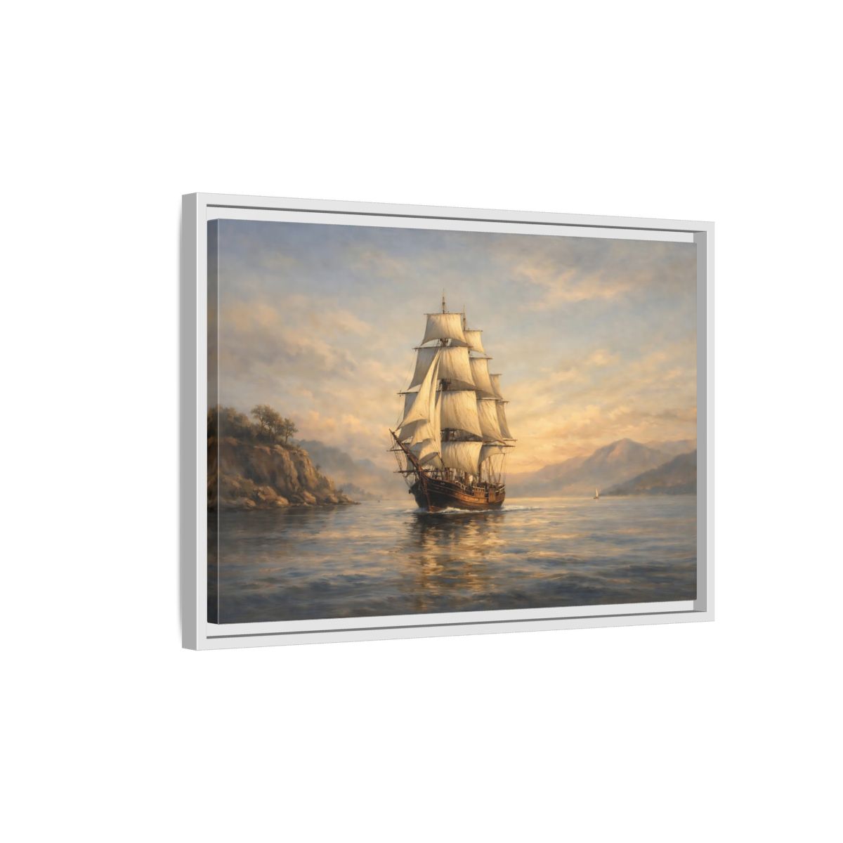 Side Mockup 1. Vintage Sailing Ship Blue And Gold Seascape shown as stretched canvas wall art