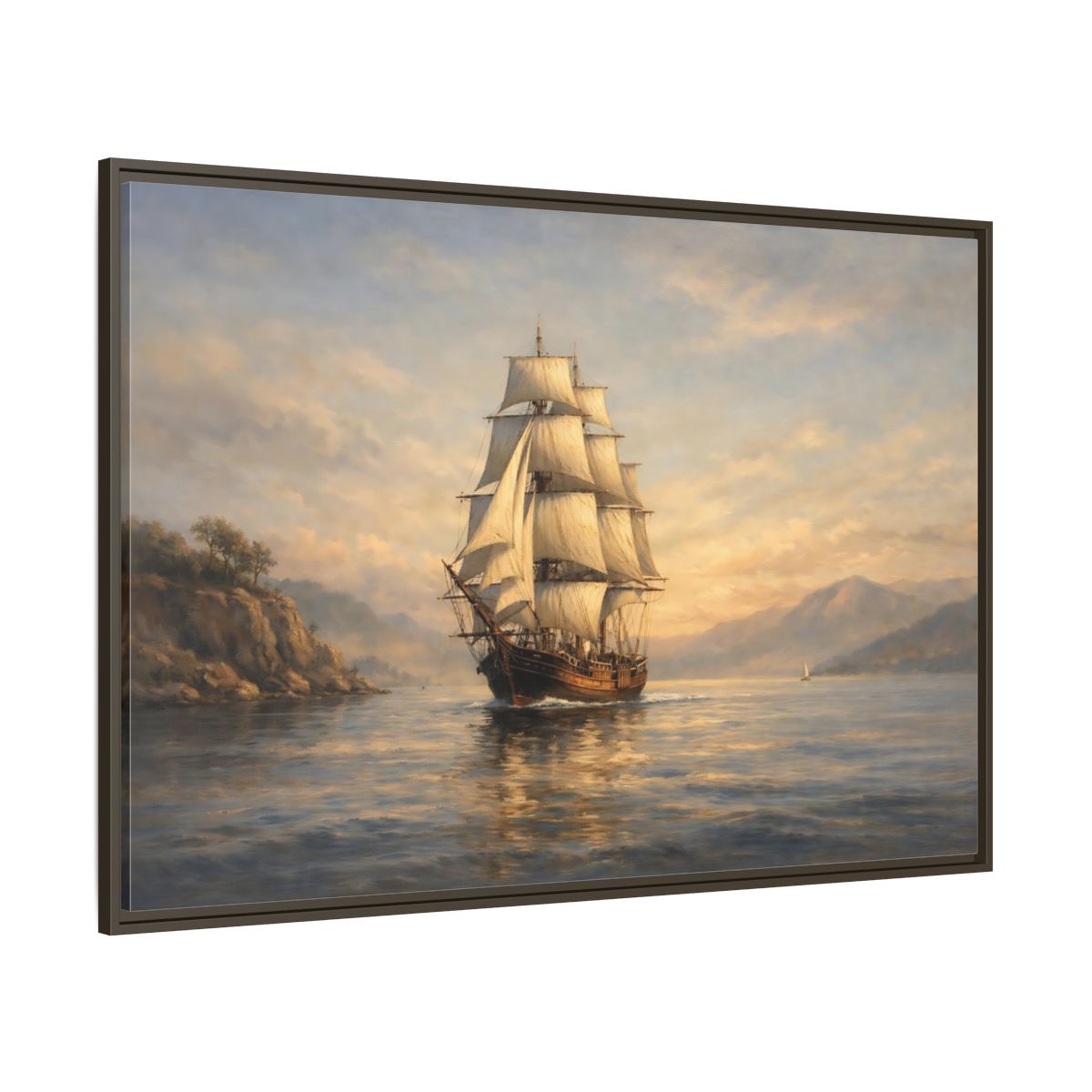 Main Mockup. Vintage Sailing Ship Blue And Gold Seascape shown as stretched canvas wall art