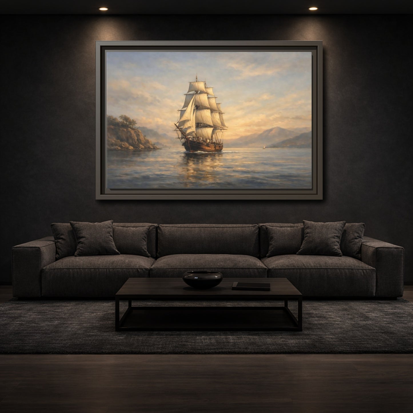 Mockup 2. Vintage Sailing Ship Blue And Gold Seascape shown as stretched canvas wall art