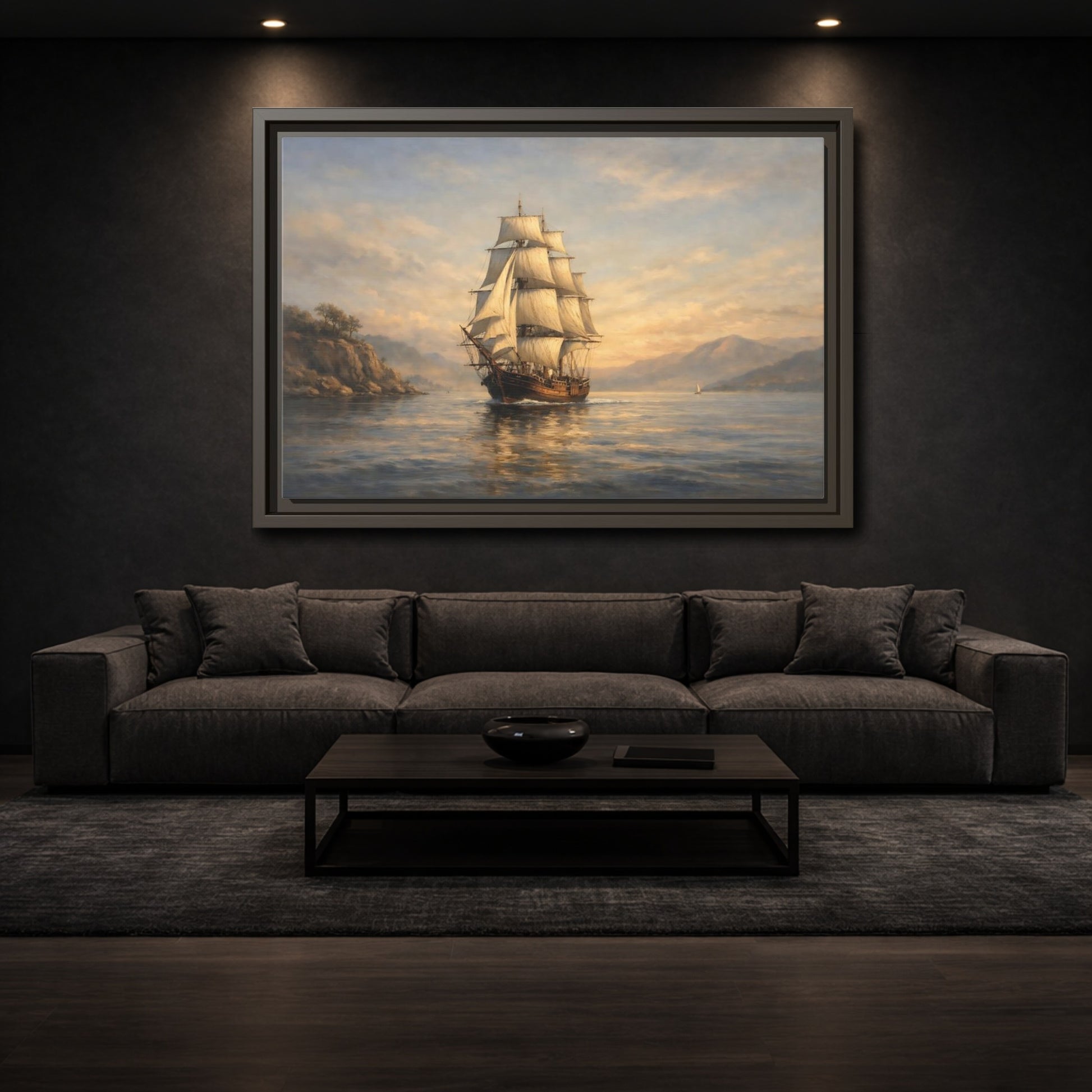 Mockup 2. Vintage Sailing Ship Blue And Gold Seascape shown as stretched canvas wall art