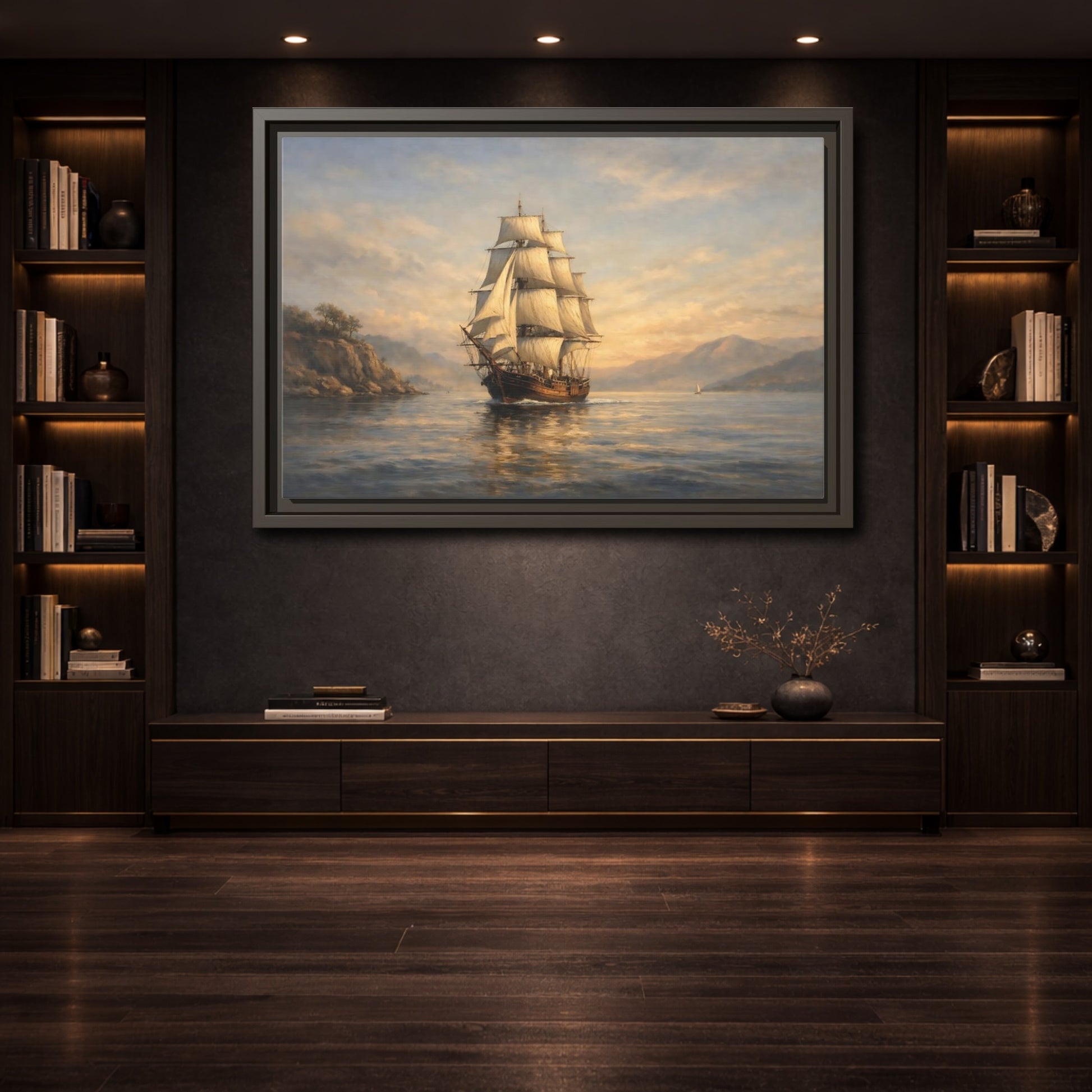 Mockup 3. Vintage Sailing Ship Blue And Gold Seascape shown as stretched canvas wall art