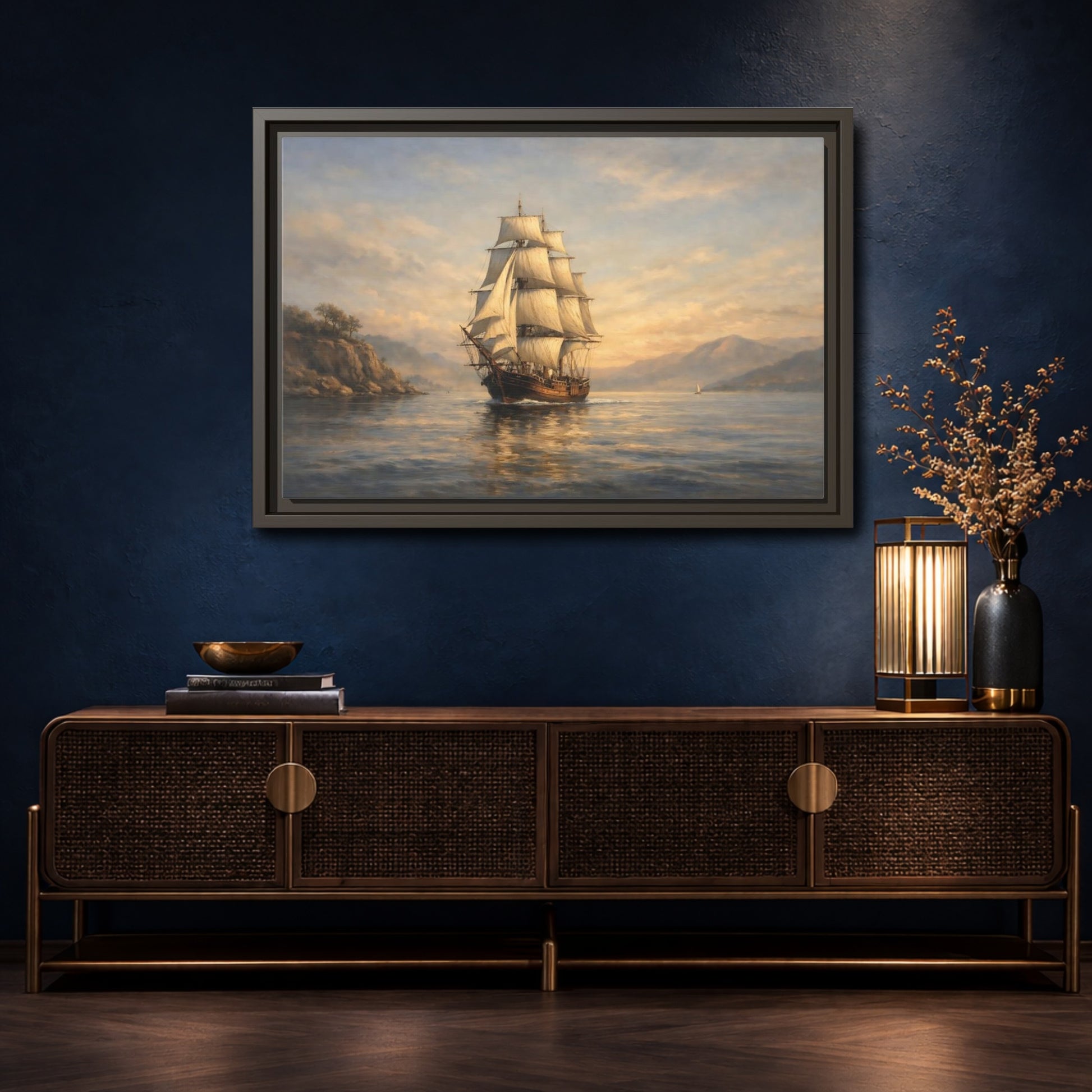 Mockup 4. Vintage Sailing Ship Blue And Gold Seascape shown as stretched canvas wall art