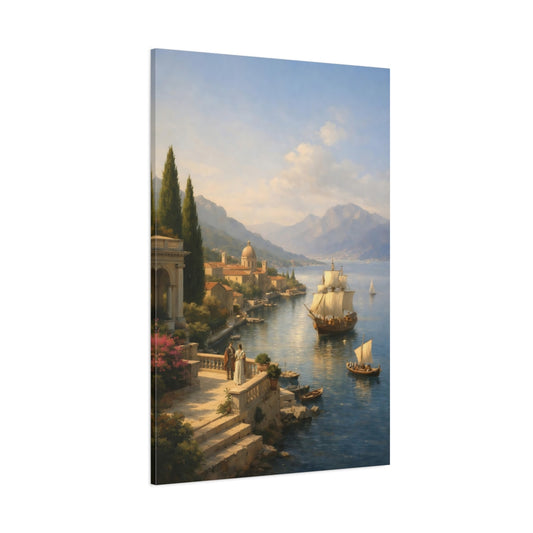 Main Mockup. Vintage Sailing Ship Historic Seaport Blue shown as stretched canvas wall art