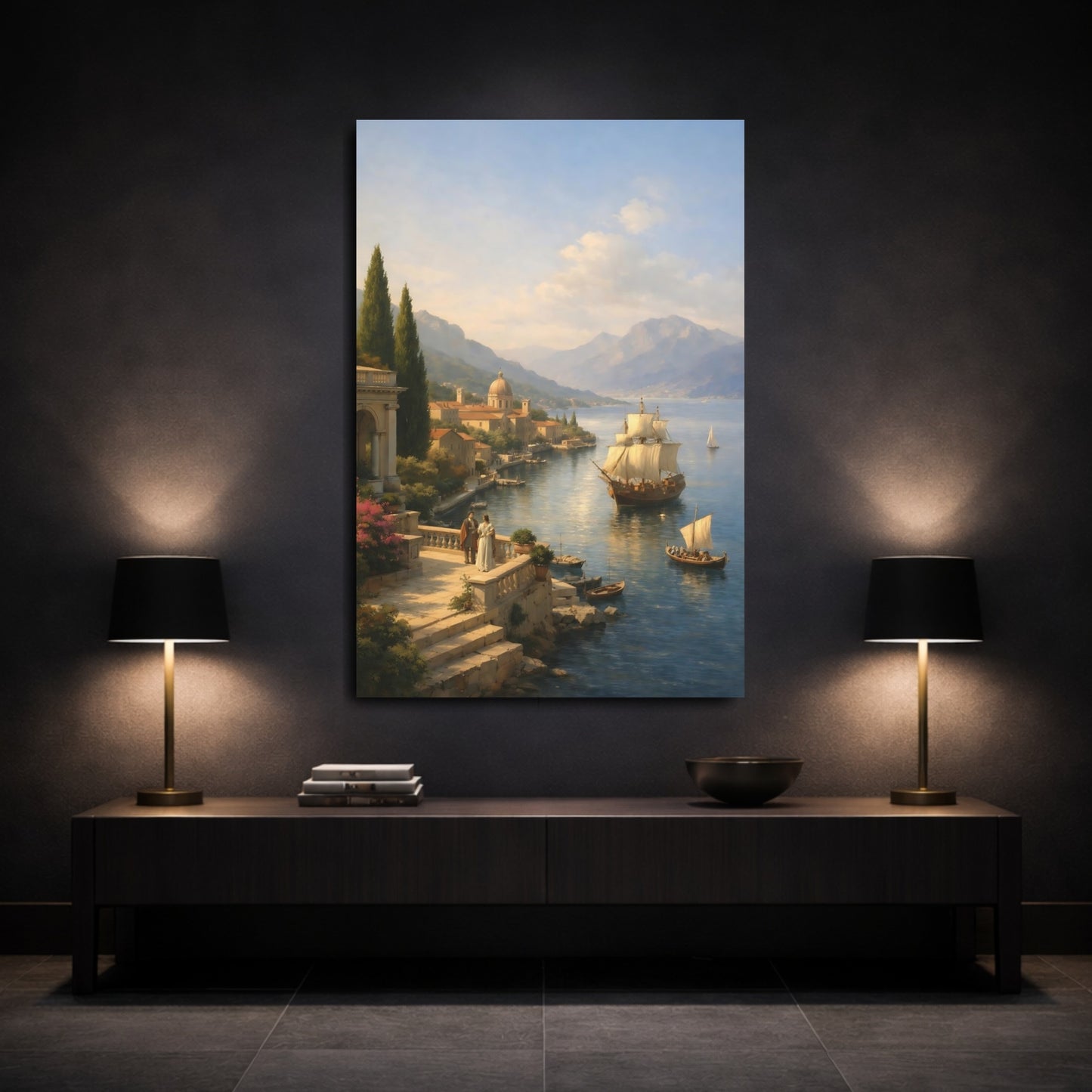 Mockup 2. Vintage Sailing Ship Historic Seaport Blue shown as stretched canvas wall art