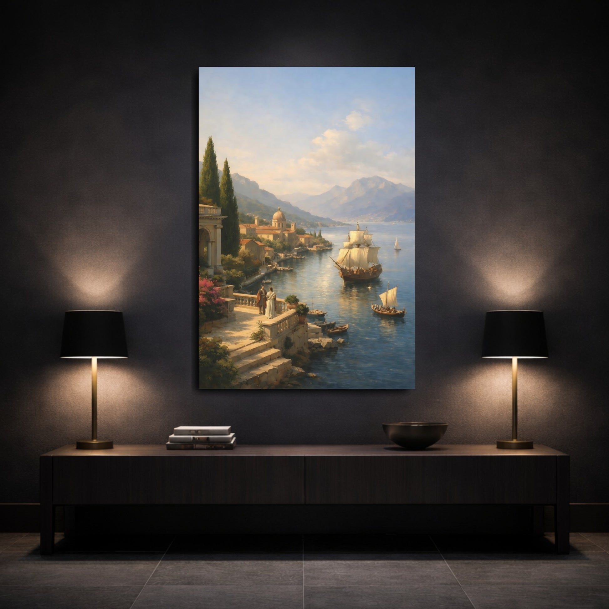 Mockup 2. Vintage Sailing Ship Historic Seaport Blue shown as stretched canvas wall art