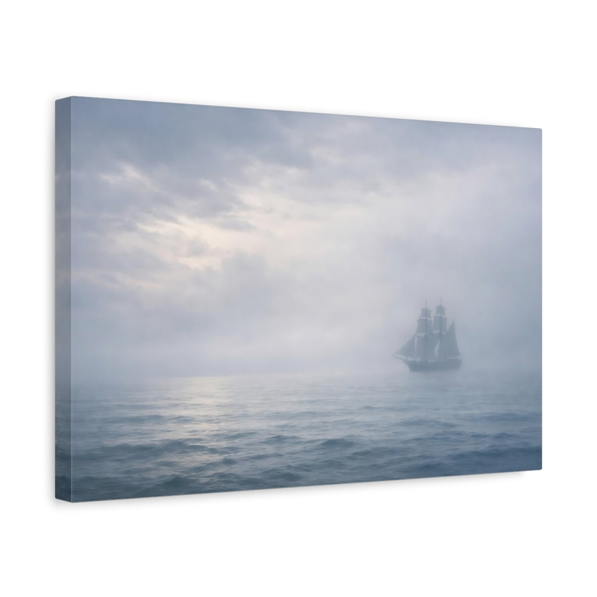 Side Mockup 4. Vintage Sailing Ship Misty Sailing shown as stretched canvas wall art