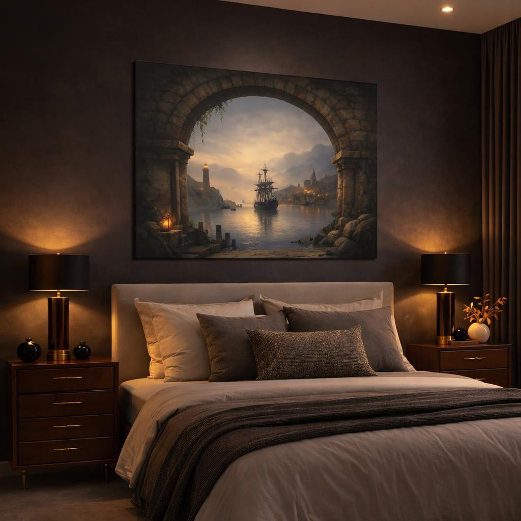Vintage Sailing Ship Misty Coastal Port shown as canvas wall art in a luxury bedroom