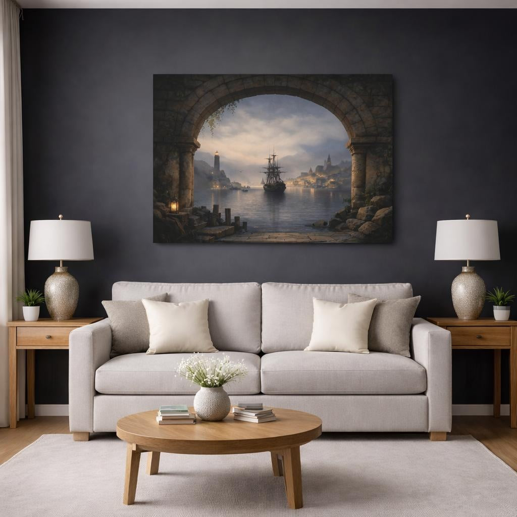 Vintage Sailing Ship Misty Coastal Port shown as canvas wall art in a modern living room