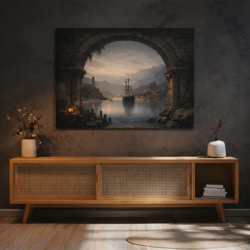 Vintage Sailing Ship Misty Coastal Port shown as canvas wall art in a sophisticated contemporary living space