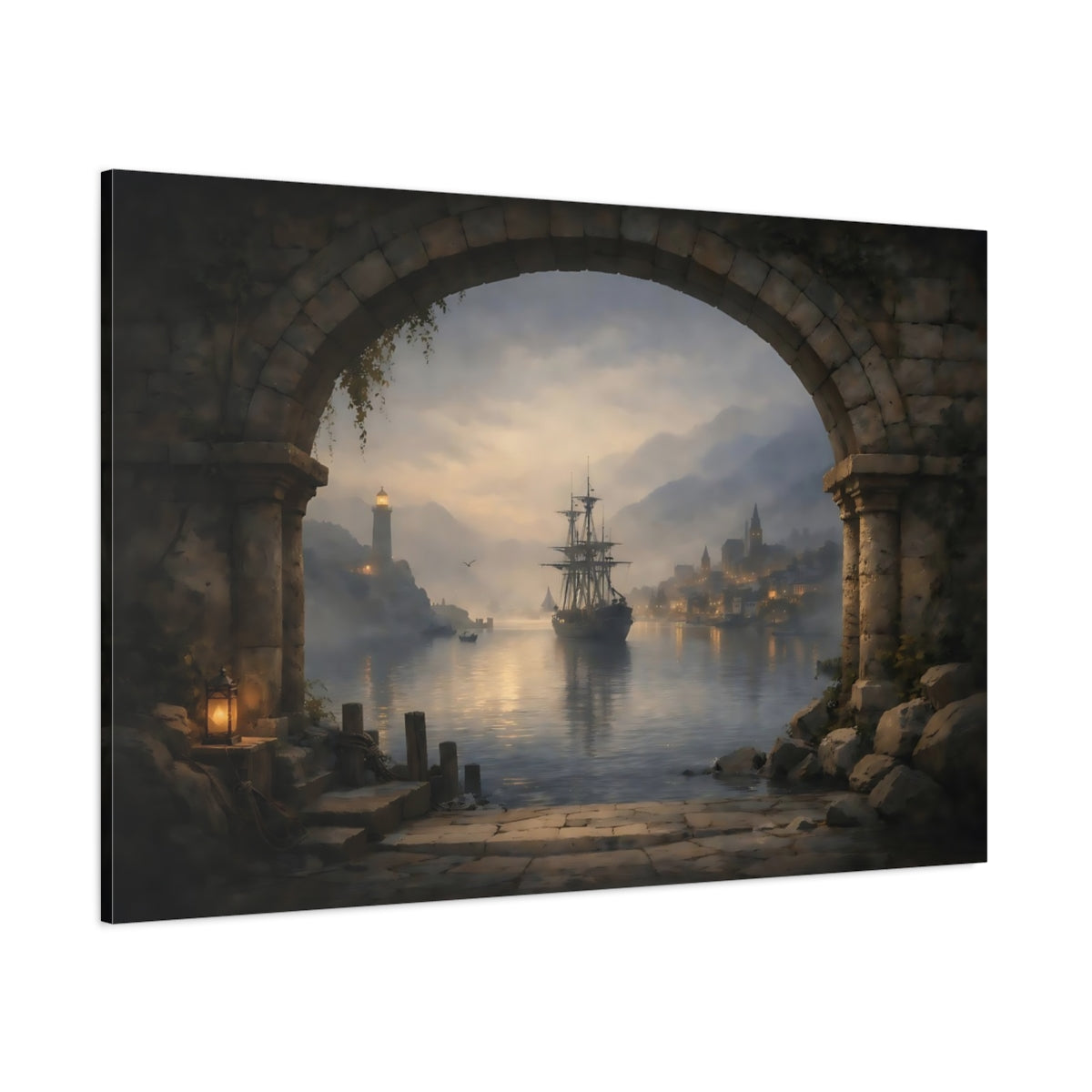 Vintage Sailing Ship Misty Coastal Port shown as stretched canvas wall art