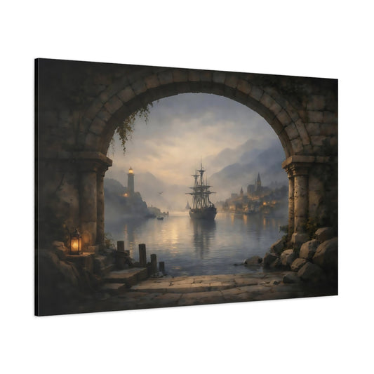 Vintage Sailing Ship Misty Coastal Port shown as stretched canvas wall art