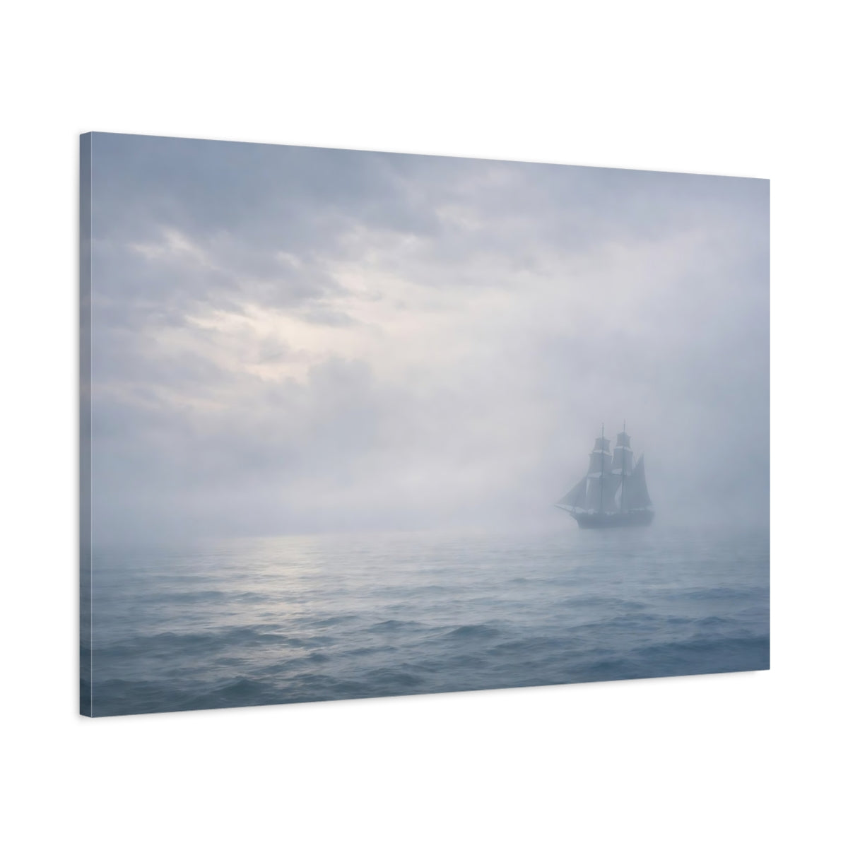 Main Mockup. Vintage Sailing Ship Misty Sailing shown as stretched canvas wall art