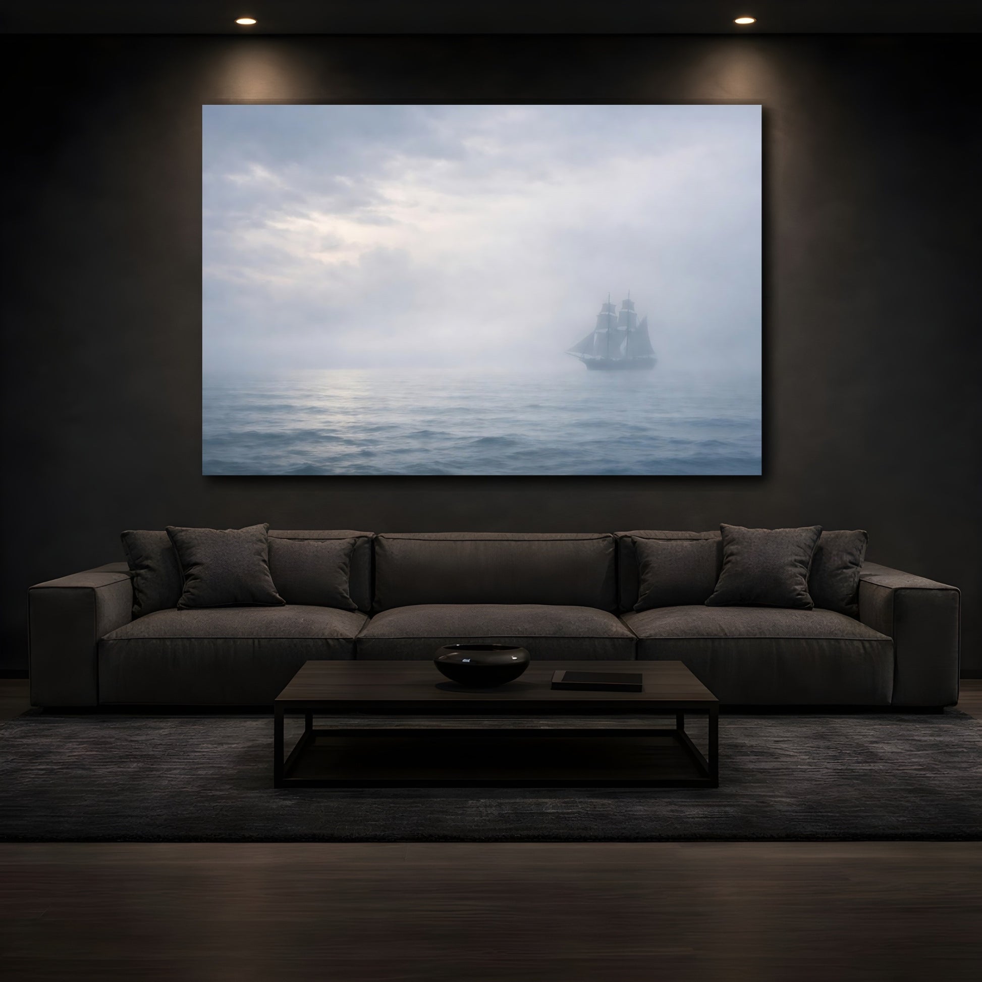 Mockup 2. Vintage Sailing Ship Misty Sailing shown as stretched canvas wall art