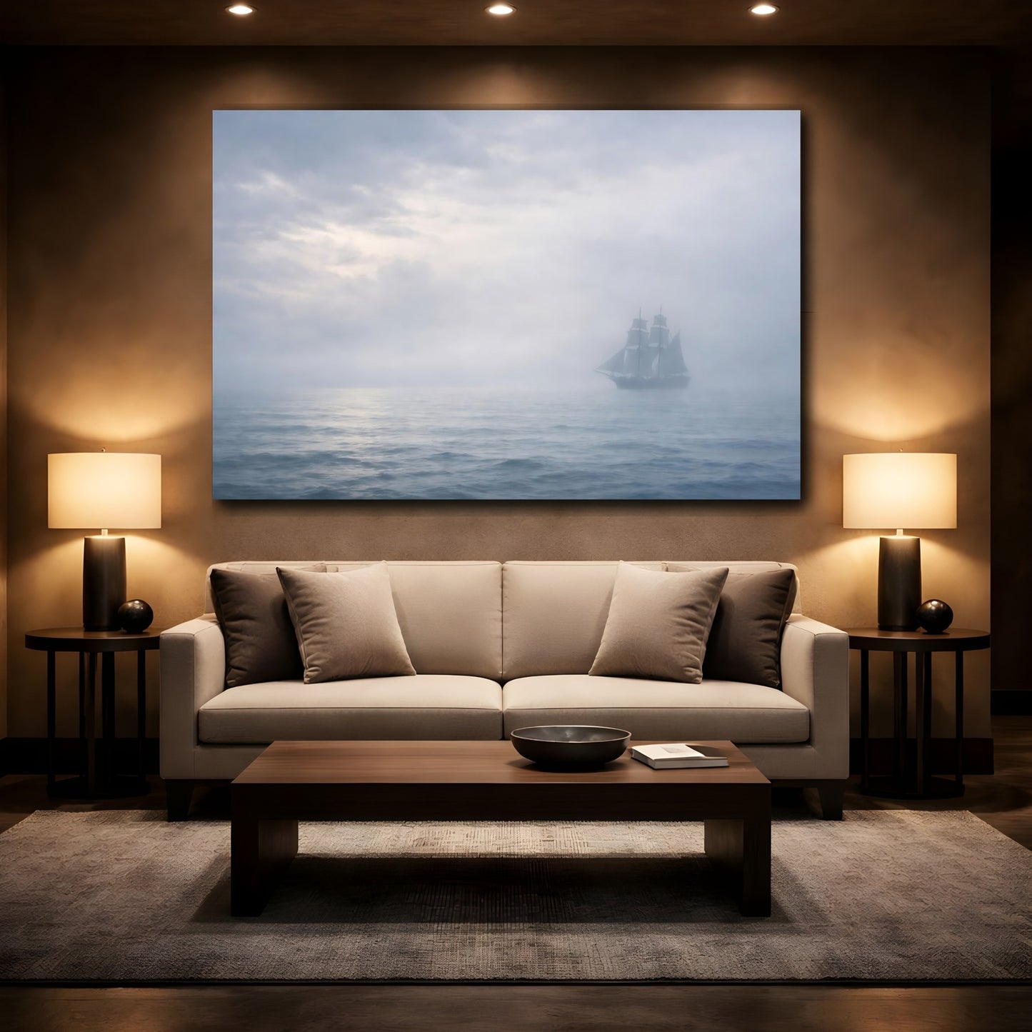 Mockup 3. Vintage Sailing Ship Misty Sailing shown as stretched canvas wall art