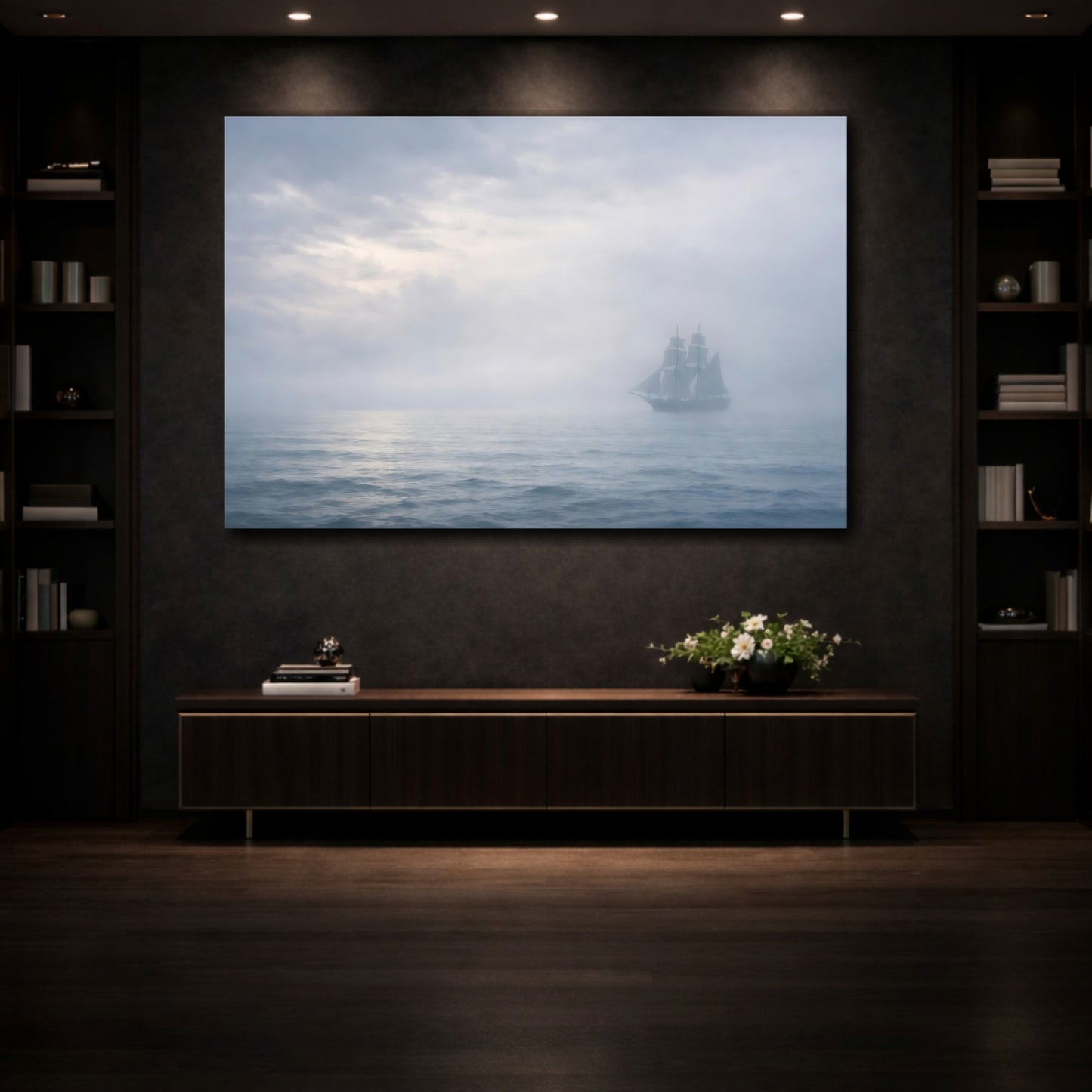 Mockup 4. Vintage Sailing Ship Misty Sailing shown as stretched canvas wall art
