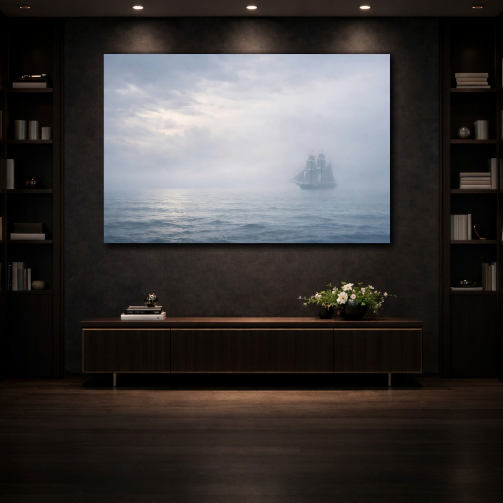 Mockup 4. Vintage Sailing Ship Misty Sailing shown as stretched canvas wall art