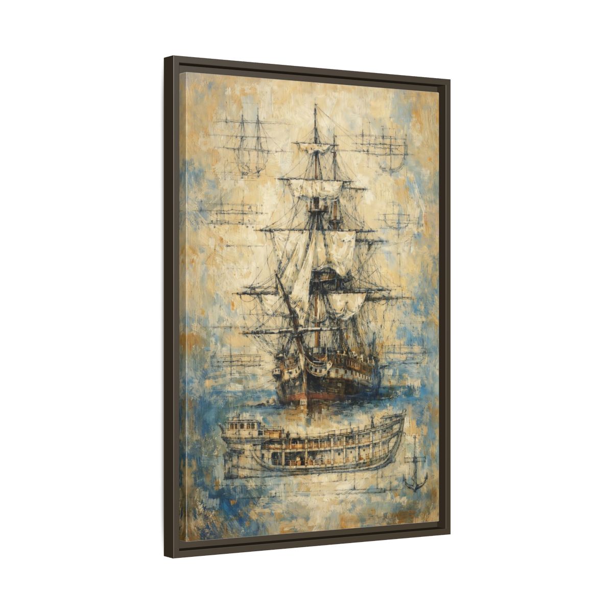Side Mockup 12. Vintage Sailing Ship Textured Ship Art shown as stretched canvas wall art