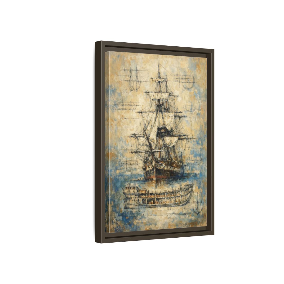 Side Mockup 5. Vintage Sailing Ship Textured Ship Art shown as stretched canvas wall art