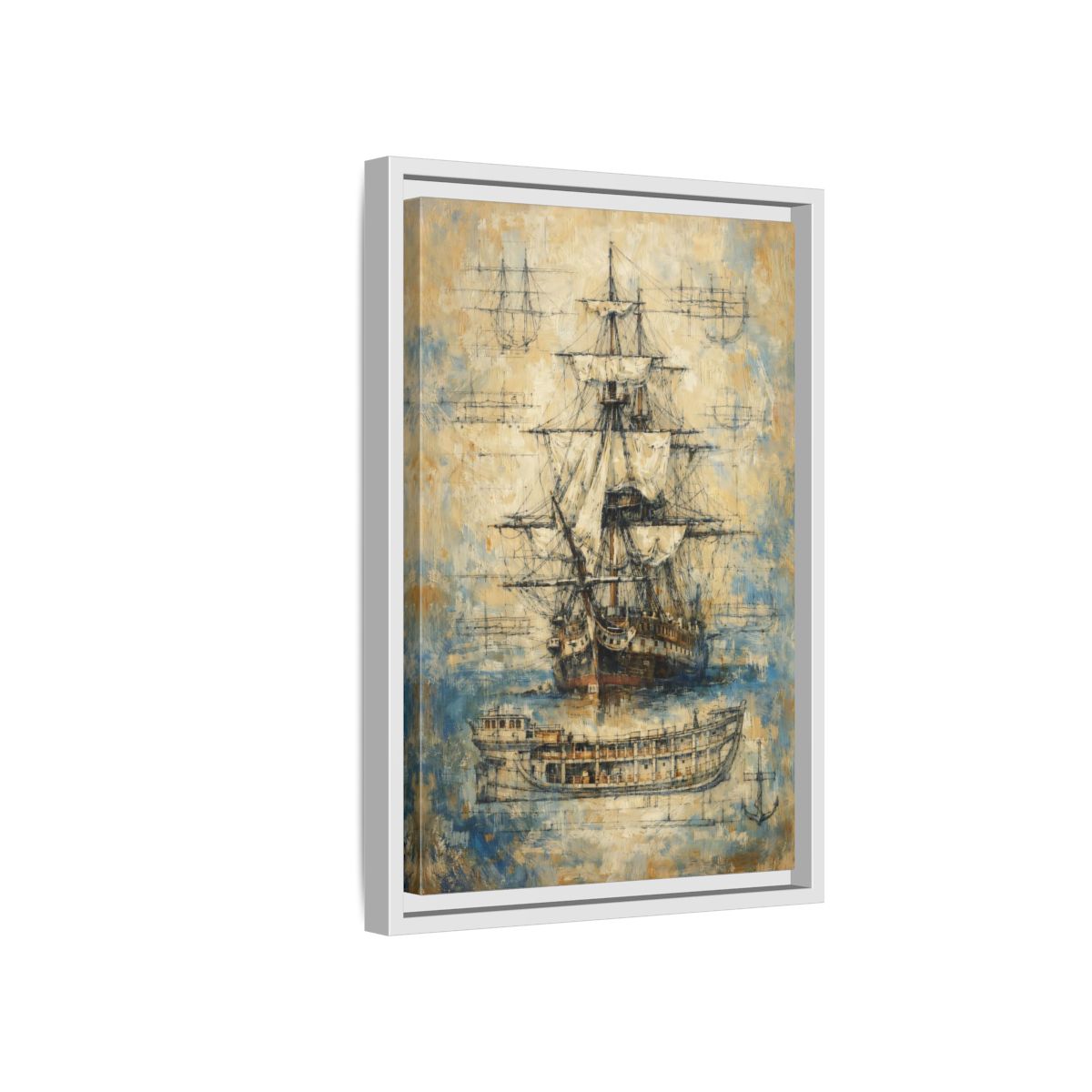 Side Mockup 4. Vintage Sailing Ship Textured Ship Art shown as stretched canvas wall art