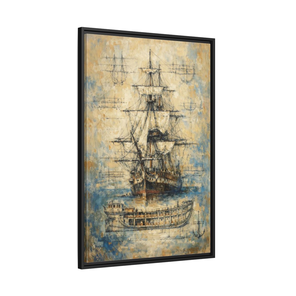 Side Mockup 13. Vintage Sailing Ship Textured Ship Art shown as stretched canvas wall art