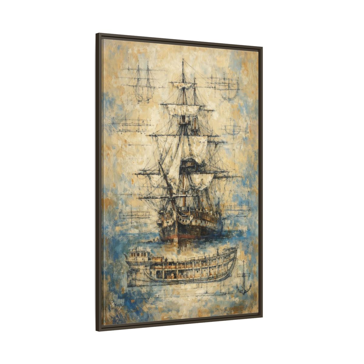 Side Mockup 8. Vintage Sailing Ship Textured Ship Art shown as stretched canvas wall art