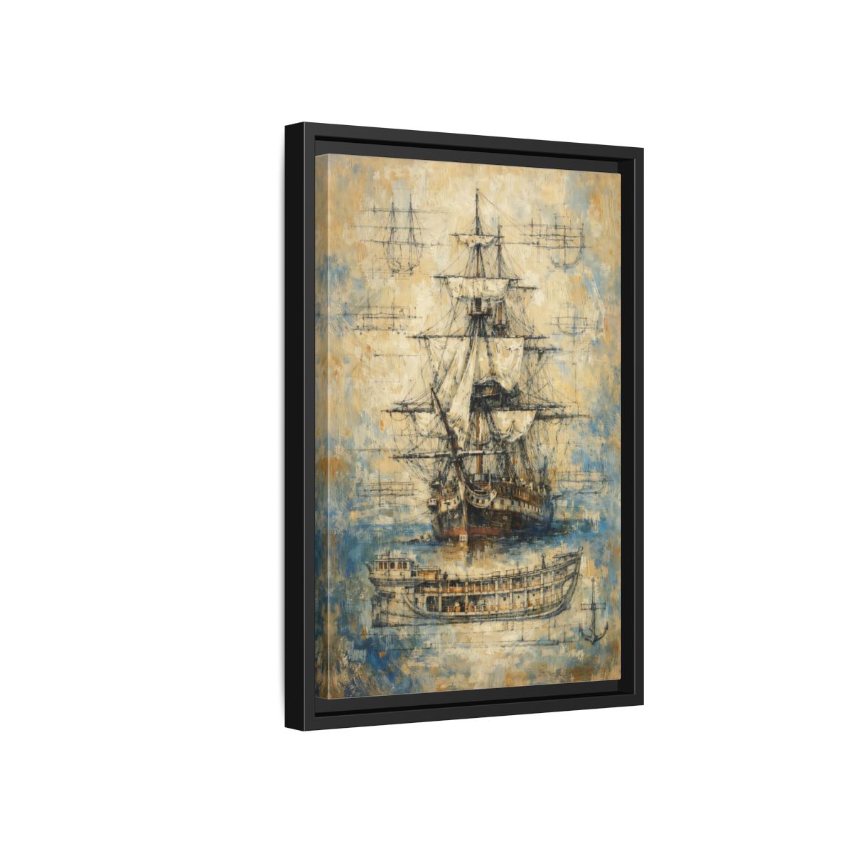 Side Mockup 6. Vintage Sailing Ship Textured Ship Art shown as stretched canvas wall art