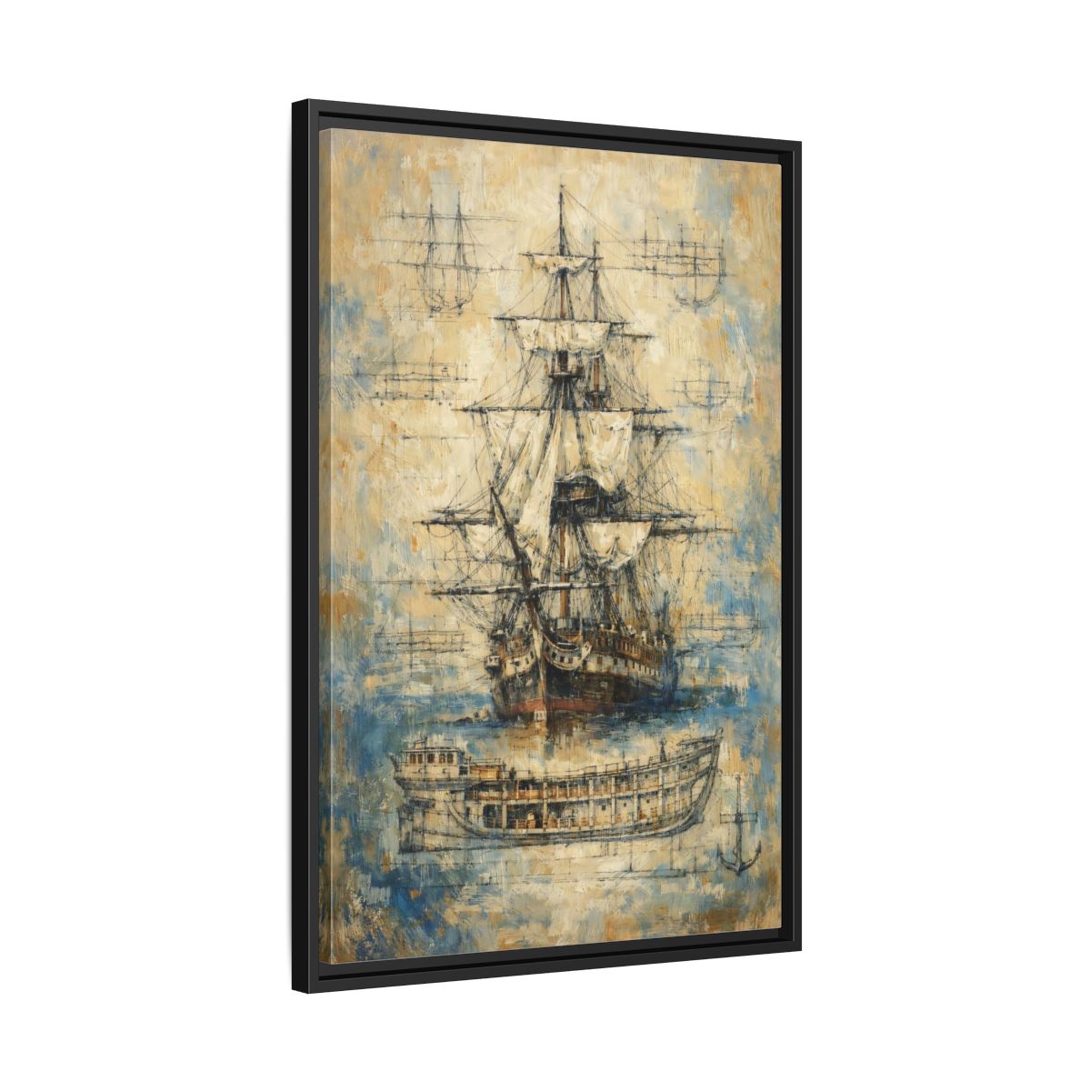 Side Mockup 14. Vintage Sailing Ship Textured Ship Art shown as stretched canvas wall art