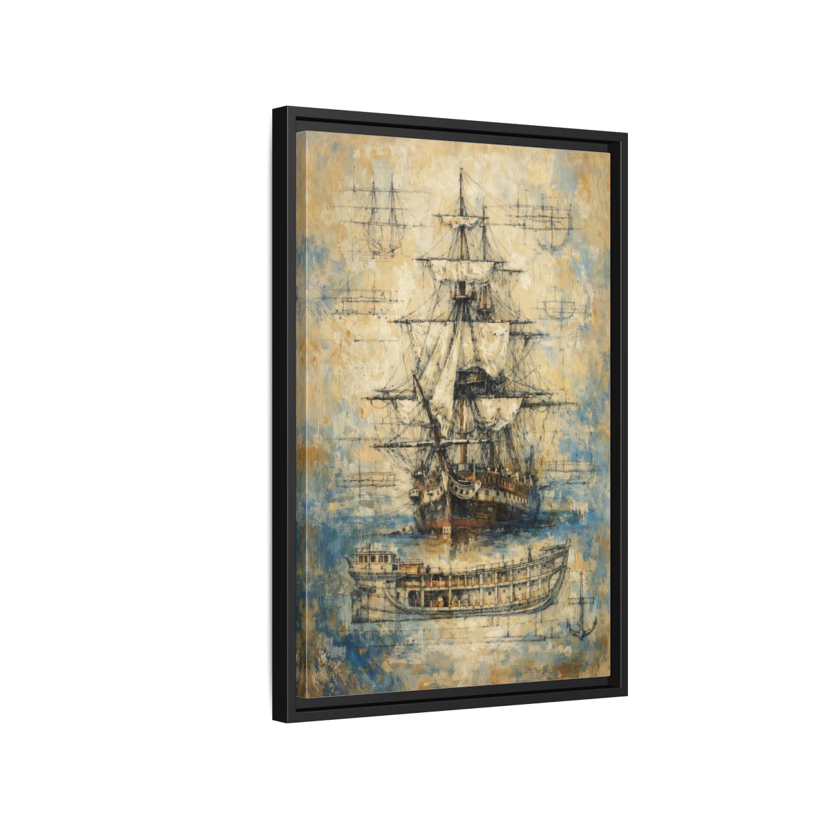 Side Mockup 3. Vintage Sailing Ship Textured Ship Art shown as stretched canvas wall art