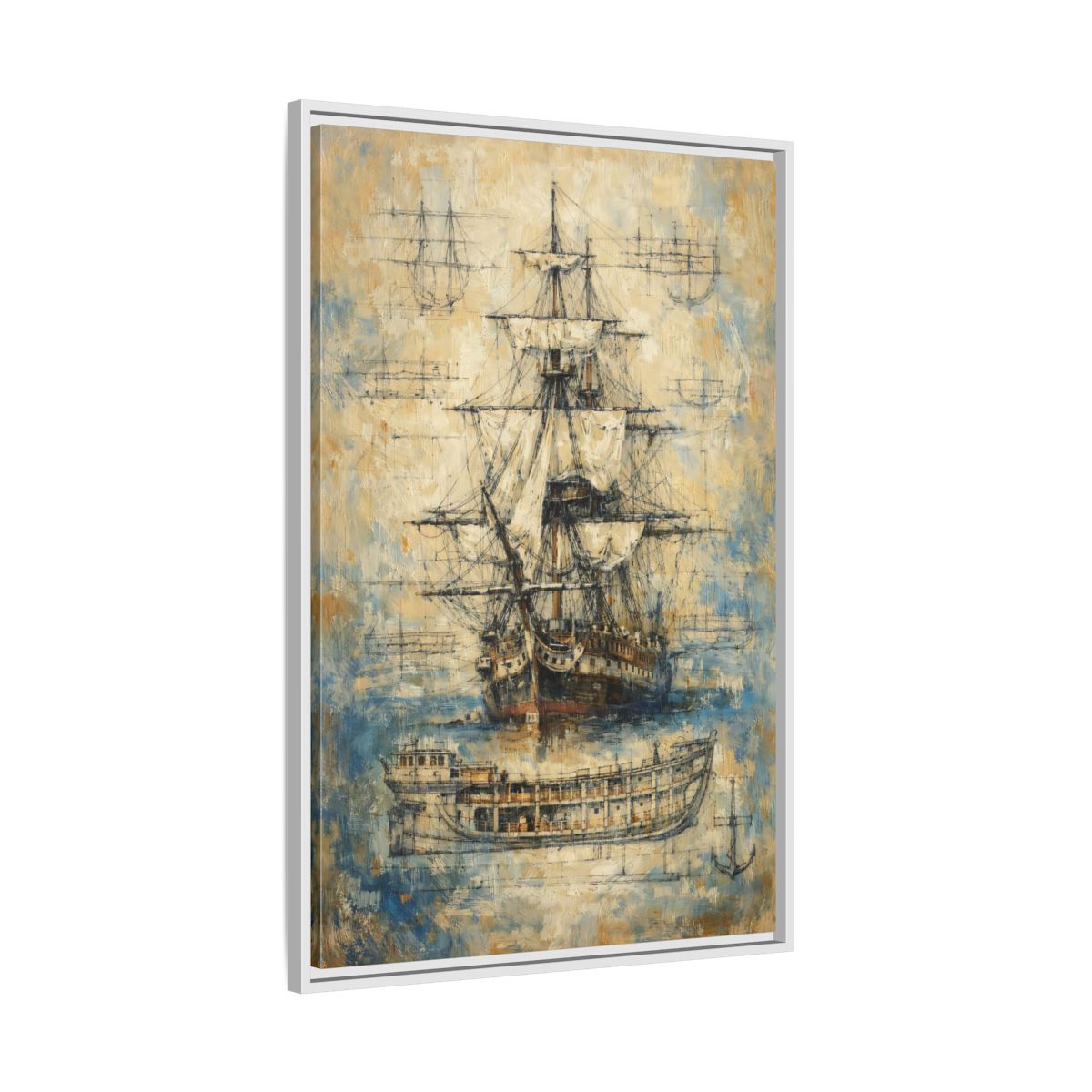 Side Mockup 9. Vintage Sailing Ship Textured Ship Art shown as stretched canvas wall art