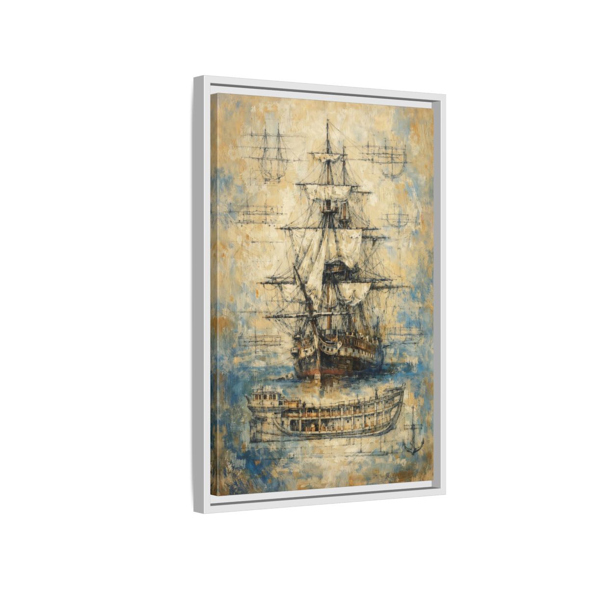 Side Mockup 1. Vintage Sailing Ship Textured Ship Art shown as stretched canvas wall art