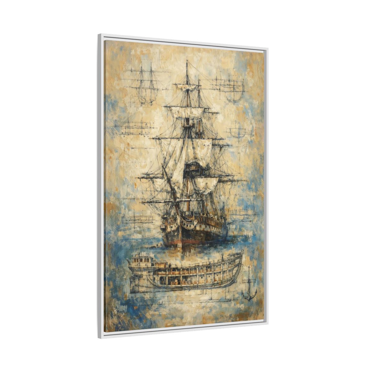 Side Mockup 7. Vintage Sailing Ship Textured Ship Art shown as stretched canvas wall art