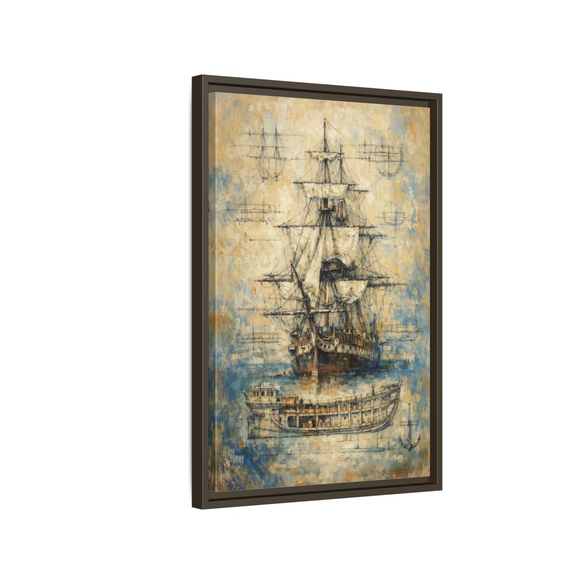 Side Mockup 2. Vintage Sailing Ship Textured Ship Art shown as stretched canvas wall art