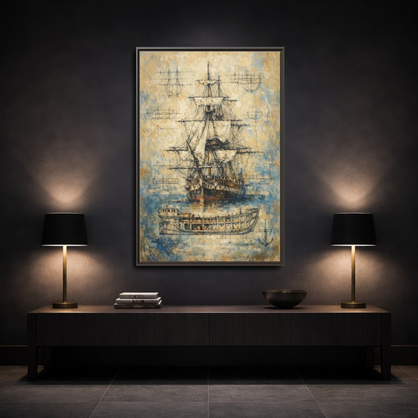 Mockup 2. Vintage Sailing Ship Textured Ship Art shown as stretched canvas wall art