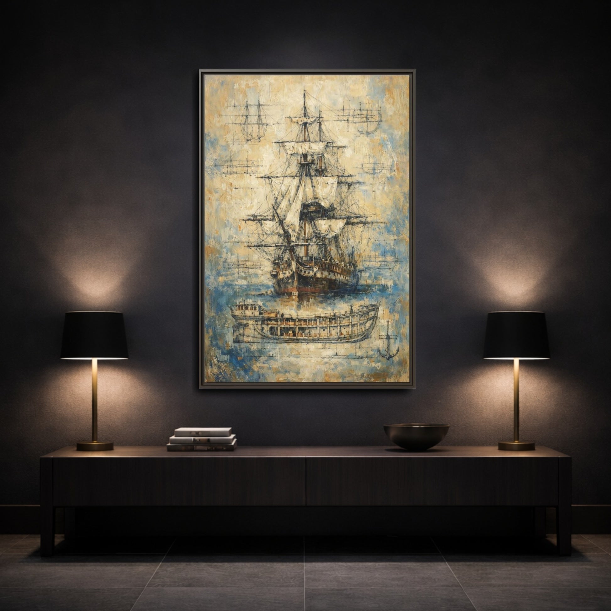 Mockup 2. Vintage Sailing Ship Textured Ship Art shown as stretched canvas wall art