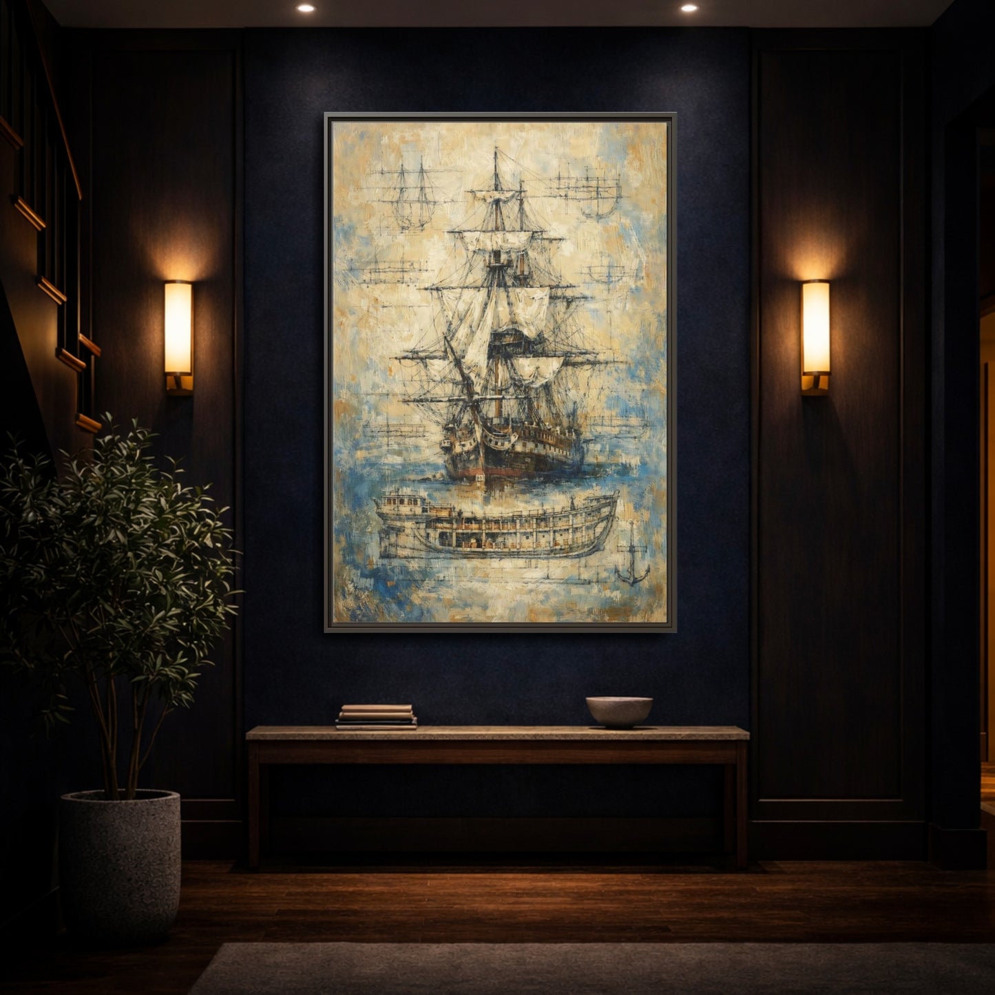 Mockup 3. Vintage Sailing Ship Textured Ship Art shown as stretched canvas wall art