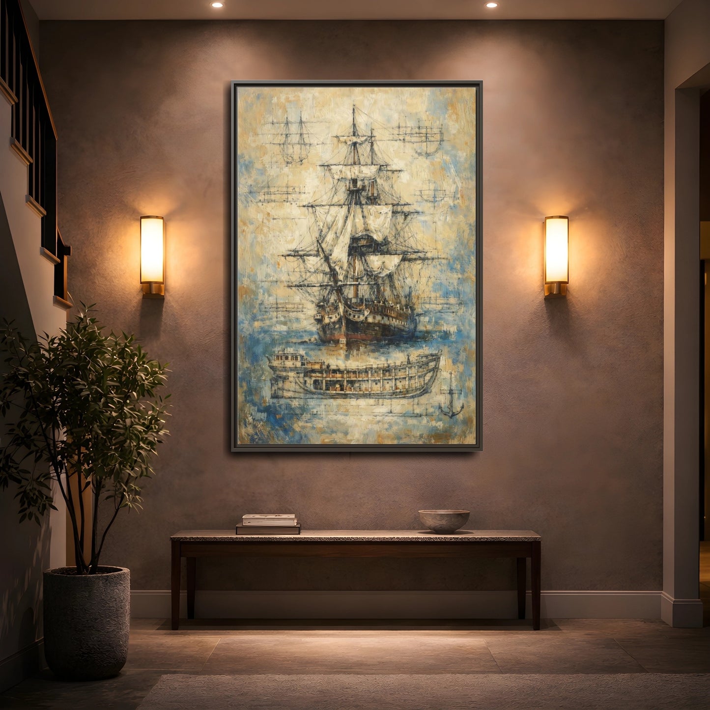 Mockup 4. Vintage Sailing Ship Textured Ship Art shown as stretched canvas wall art