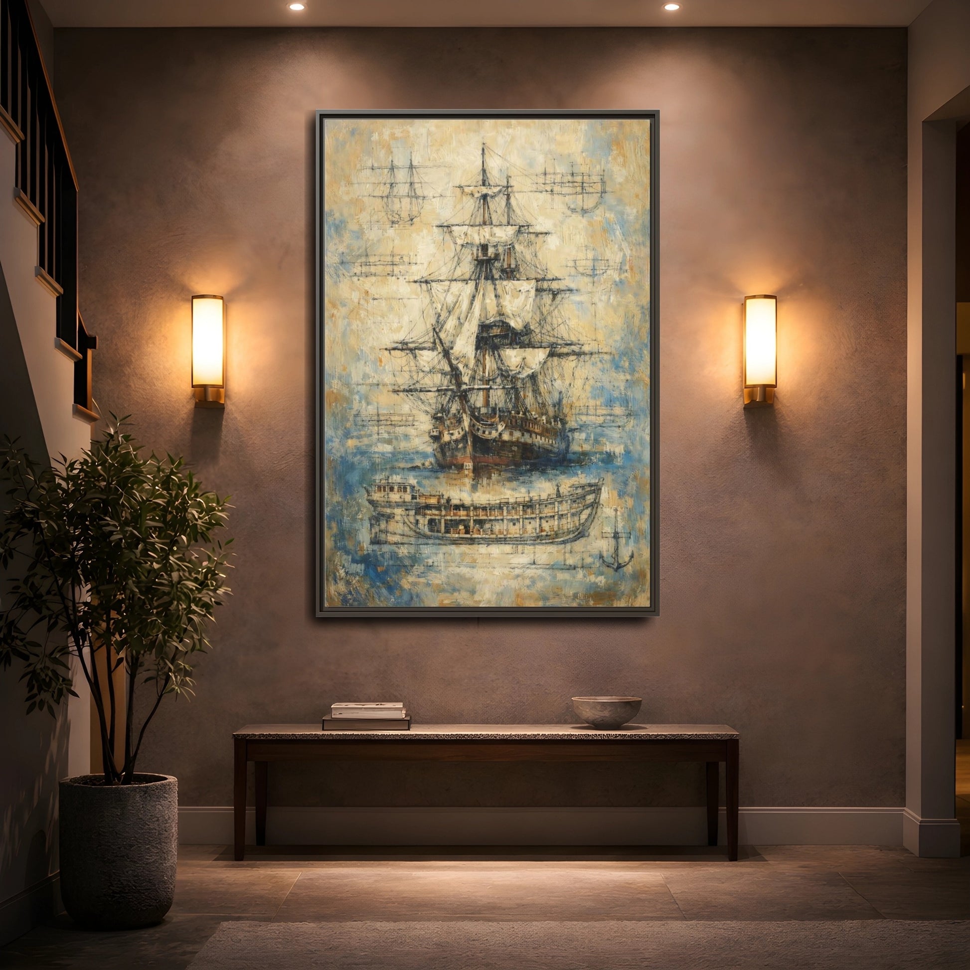 Mockup 4. Vintage Sailing Ship Textured Ship Art shown as stretched canvas wall art