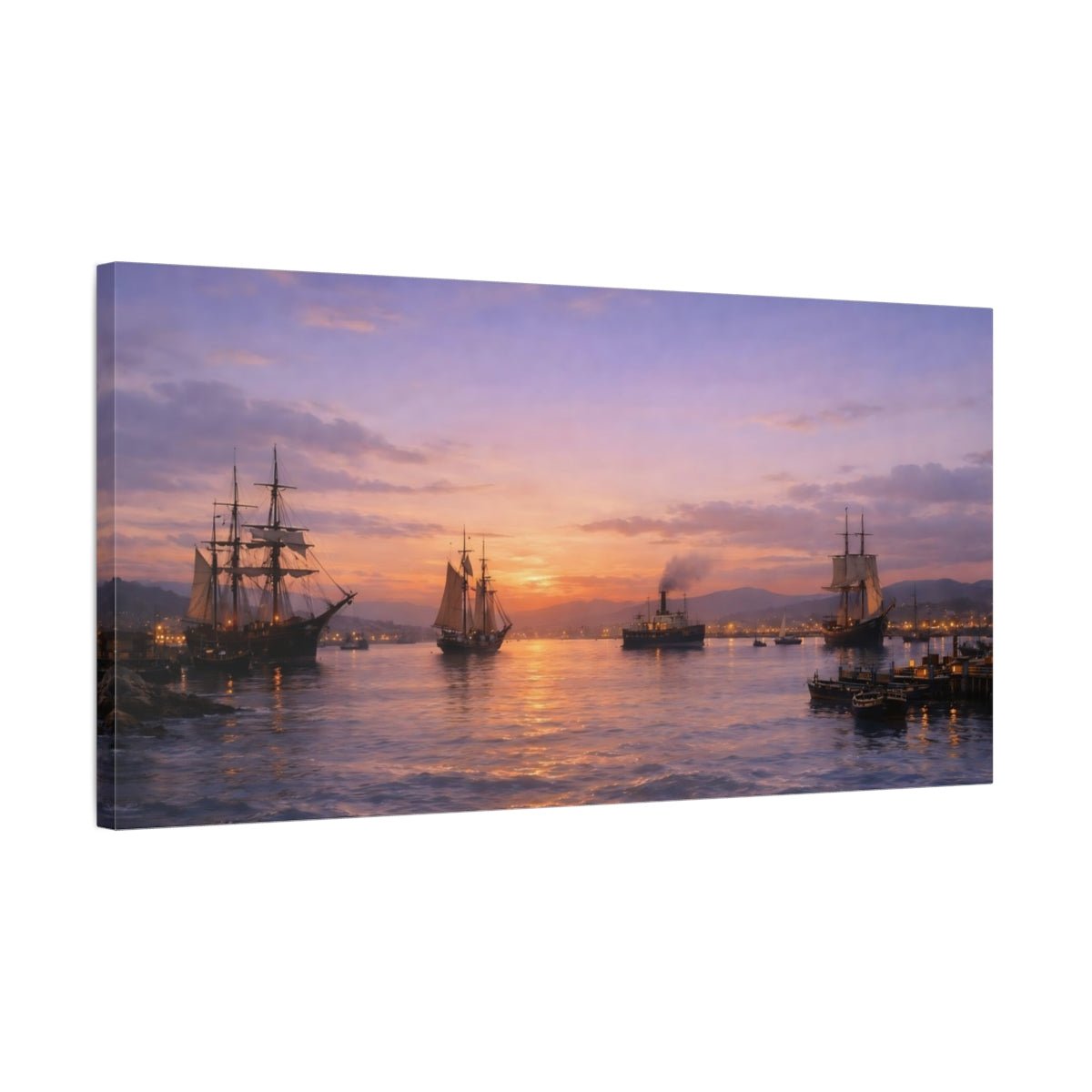Vintage Sailing Ships Purple Orange Sky - Canvas Wall Art Print - YesArtYes