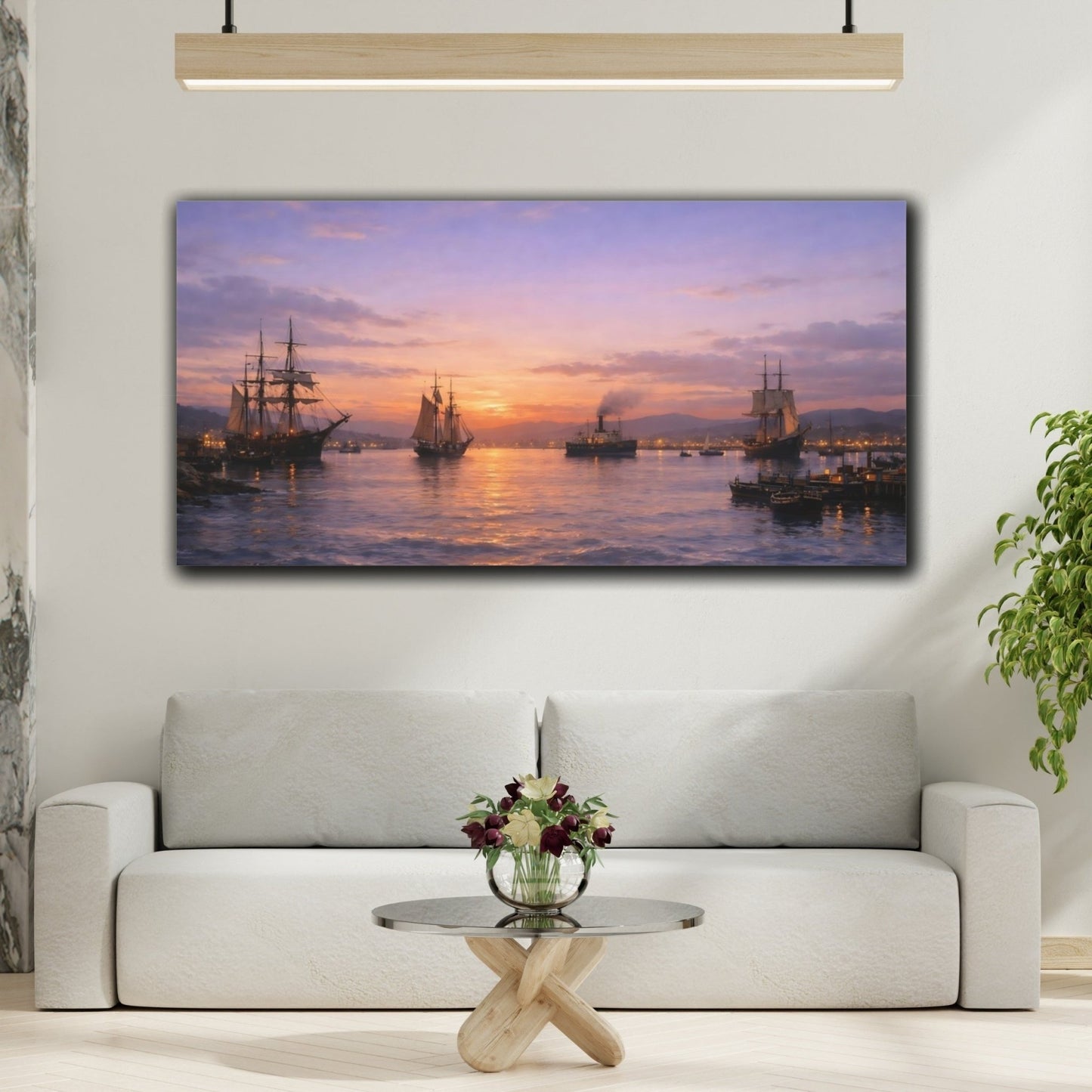 Vintage Sailing Ships Purple Orange Sky - Canvas Wall Art Print - YesArtYes