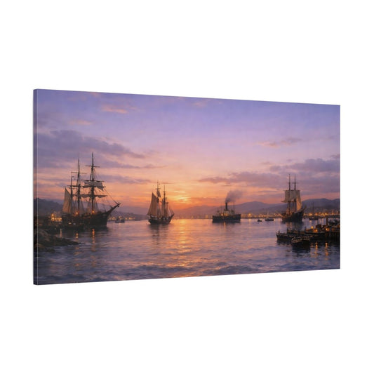 Vintage Sailing Ships Purple Orange Sky - Canvas Wall Art Print - YesArtYes